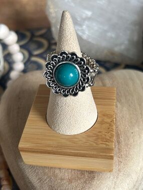 Turquoise Silver Stretchy Floral Ring - Women Jewelry
